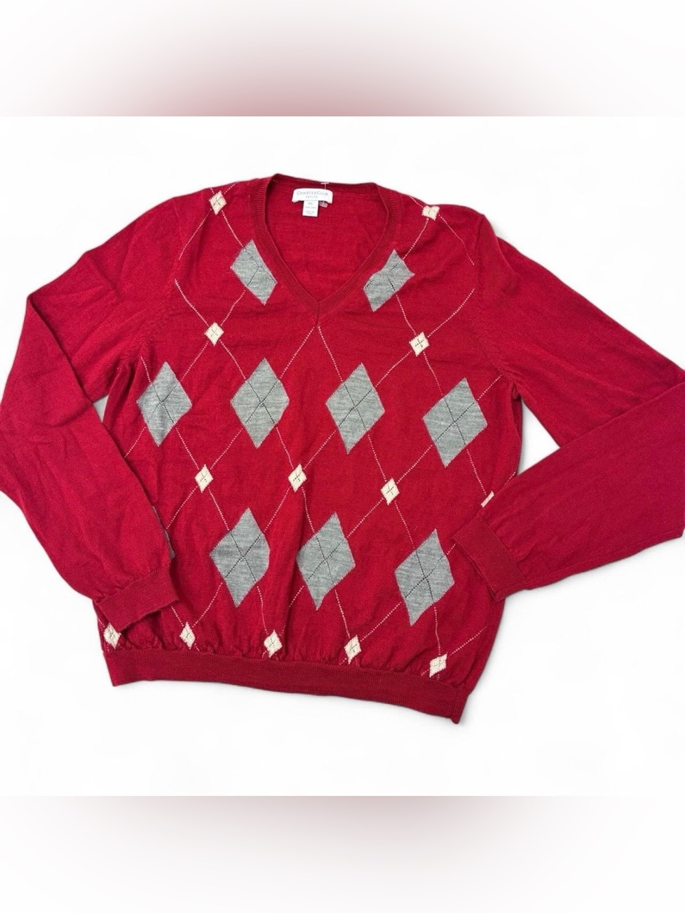 Charter Club V-Neck Argyle Sweater Red Gray Petite Wool Retro NWOT Sz P/L